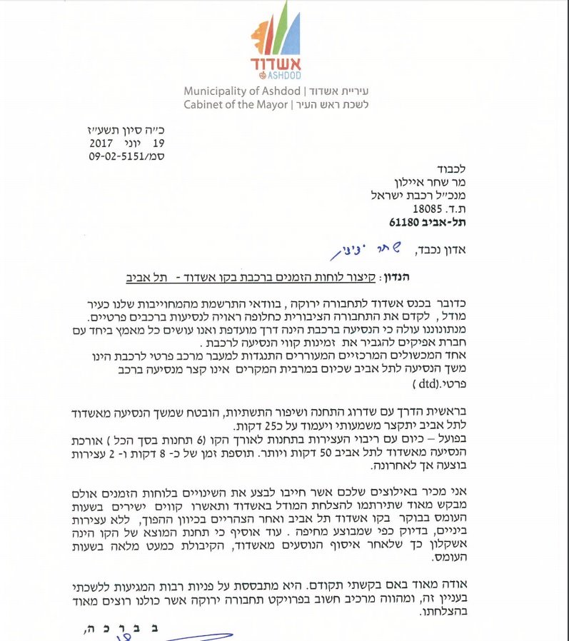 מכתבו של ראש עיריית אשדוד ד"ר יחיאל לסרי