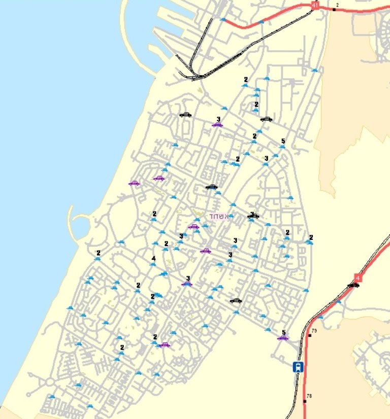 מפת תאונות הדרכים בשנת 2017 באשדוד