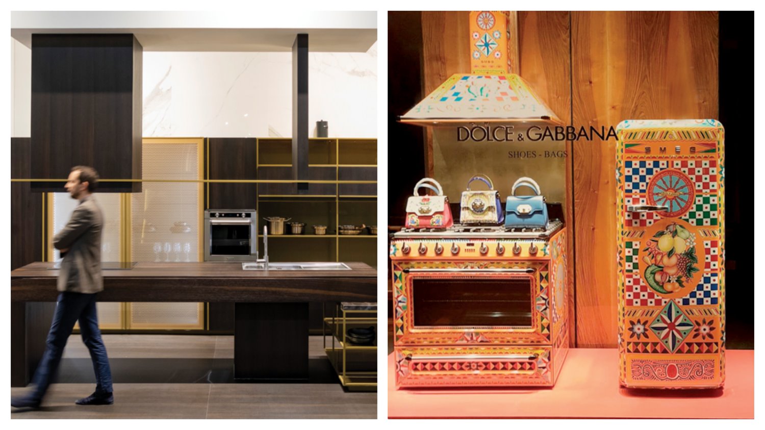 בלטו בצבעוניותם המקררים, קולטי האדים והתנורים הצבעוניים של Smeg, בשיתוף Dolce & Gabbana. בתצוגה כיכבו מטבחים כהים, עם איים ומדפים. צילום: Salone del Mobile