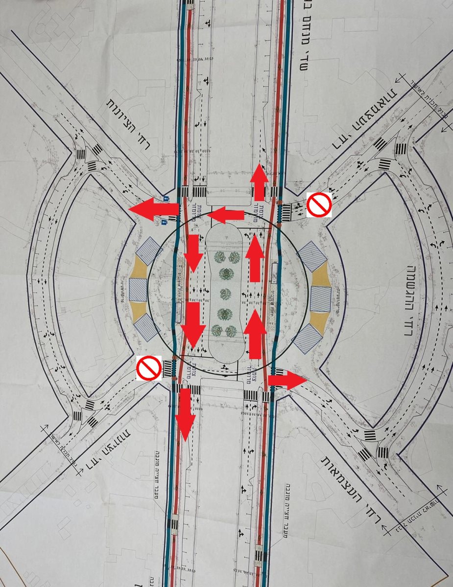בחץ אדום - המסלול שרכב שמגיע מכיוון הכניסה הדרומית יוכל לעשות בתוך הכיכר