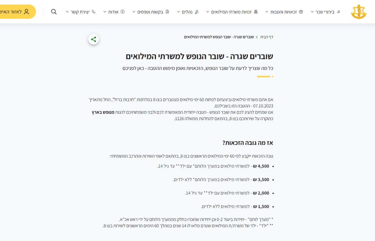 ההודעה על המענקים מאתר צה"ל