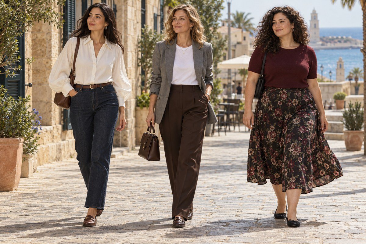 המחשה באמצעות AI: שלוש נשים בלוקים לסתיו עם שכבות, ג׳ינס ובורדו