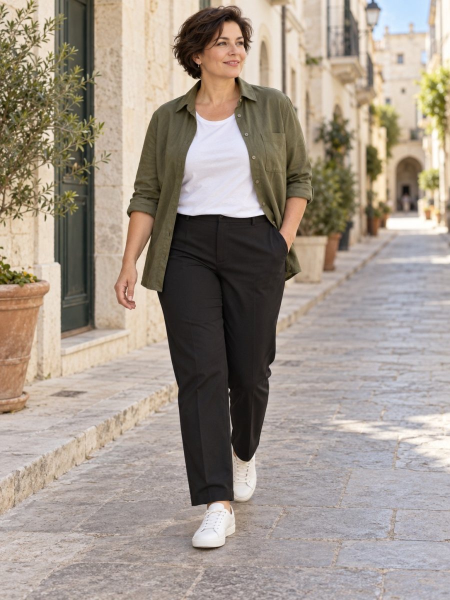 המחשה באמצעות AI: חולצת זית פתוחה מעל טי שירט לבנה, מכנסיים שחורים וסניקרס לבנות