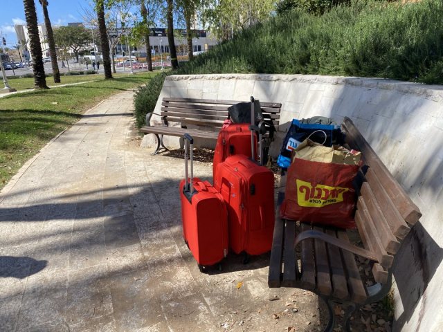 המזוודות של האמא וילדיה בפארק בעיר